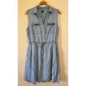 Izod Lyocell Chambray Denim Sleeveless V-Neck Dress Tie Waist Womens Large